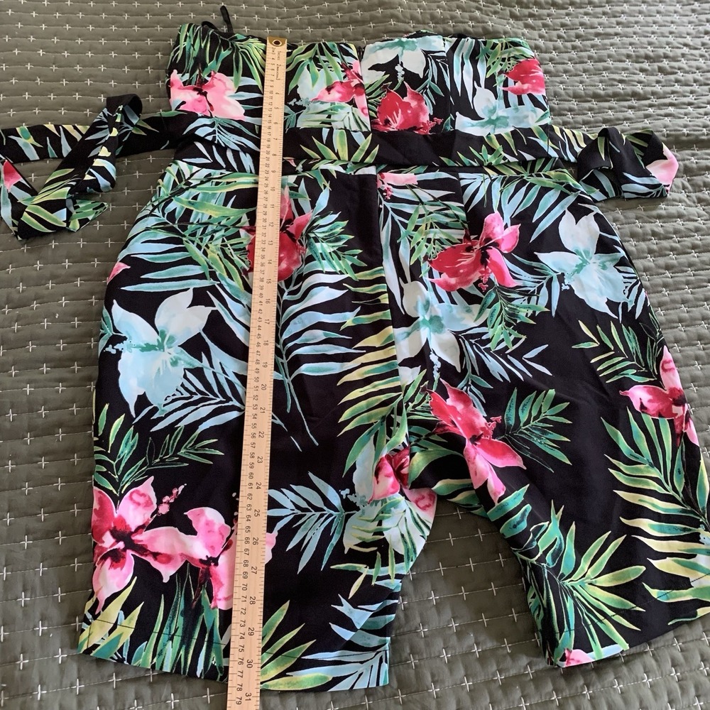 New York & Company tropical strapless romper black floral pattern Tie Belt SZ-XL - Picture 11 of 14